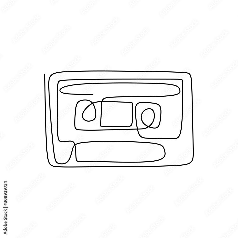 Continuous one line drawing of cassette for tape player. Concept of 80s