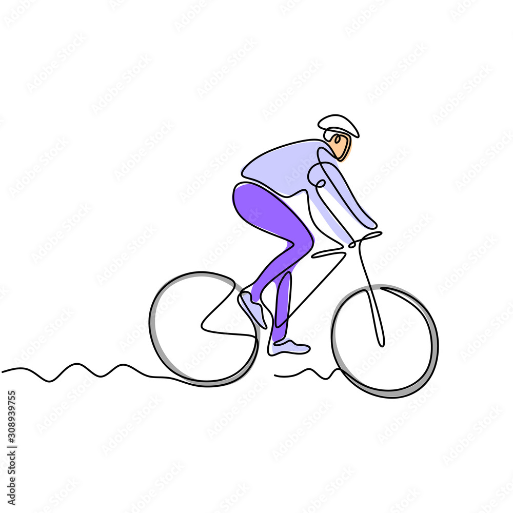 Fototapeta Continuous one line drawing of person athlete riding bicycle or bike with colors
