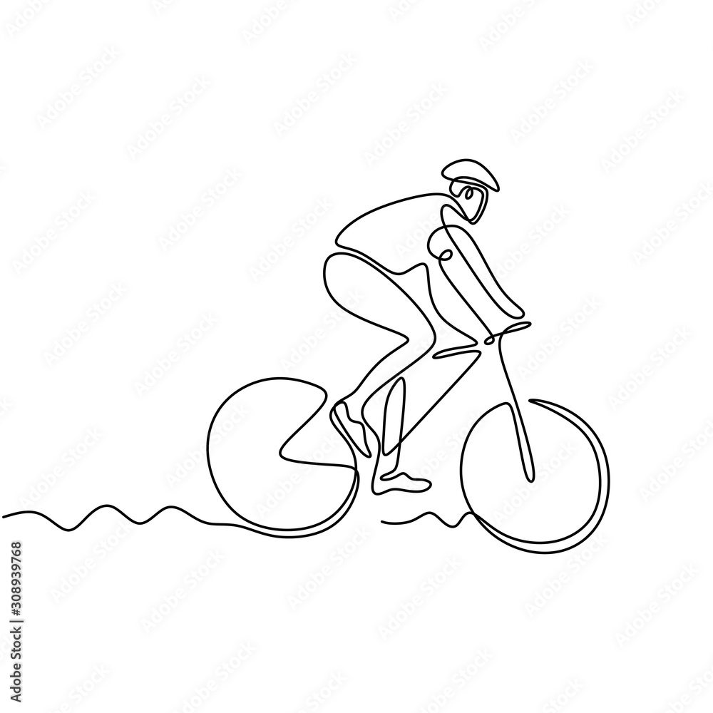 Fototapeta Ciągłe rysowanie jednej linii rowerzysty. Osoba jeżdżąca na rowerze lub rowerze. Pojęcie sportowca z motywem sportowym.