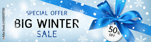   New year winter sale design template. Banner with decorative blue bow and price tag on blue background. Vector illustration