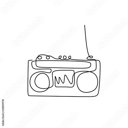 Continuous one line drawing of old radio tape recorder ghetto music 80s retro design. Vector illustration vintage theme.