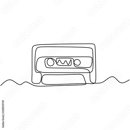 Cassette tape Continuous one line drawing. Vector audio vintage with ribbon.