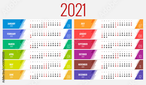 2021 Calendar, Print Template with Place for Photo, Your Logo and Text. Week Starts Sunday. Portrait Orientation. Set of 12 Months. Planner for 2021 Year.