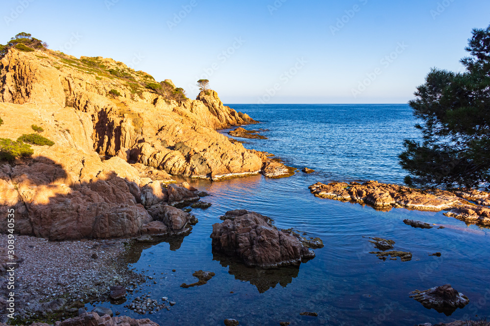 View of one of the cliffs of the rugged coast of Aigua-Xelida, Tamariu, Costa Brava, Catalonia, Spain