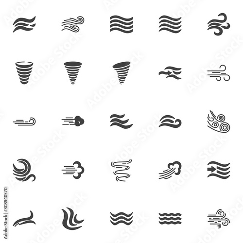 Wind blow vector icons set, modern solid symbol collection, filled style pictogram pack. Signs, logo illustration. Set includes icons as hurricane, tornado swirl, air waves, land breeze, conditioning