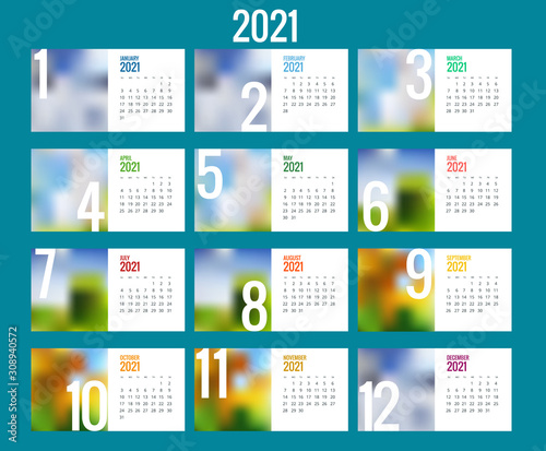 2021 Calendar, Print Template with Place for Photo, Your Logo and Text. Week Starts Sunday. Portrait Orientation. Set of 12 Months. Planner for 2021 Year.