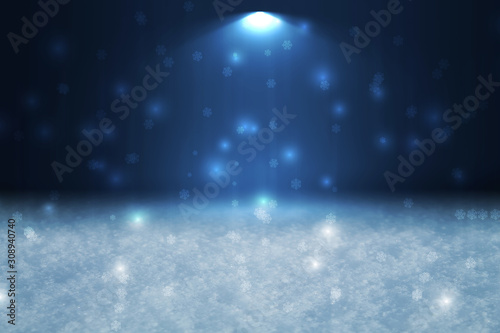 Winter abstract, blurred background with bokeh. Blurry night city lights in reflection on a snowy road. Neon light, falling snow, snowflakes. © Laura Сrazy