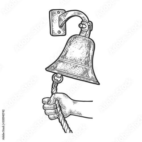 Hand ring in ship bell sketch engraving vector illustration. T-shirt apparel print design. Scratch board style imitation. Black and white hand drawn image.