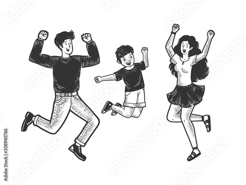 Happy jumping dancing family sketch engraving vector illustration. T-shirt apparel print design. Scratch board style imitation. Black and white hand drawn image.