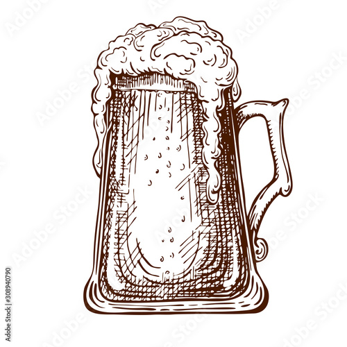 vector hand drawn traditional beer glass full of wheat beer with foam. Beautiful vintage etched beer mug or tankard with dropping froth isolated on white background. Alcoholic beverage in glassware