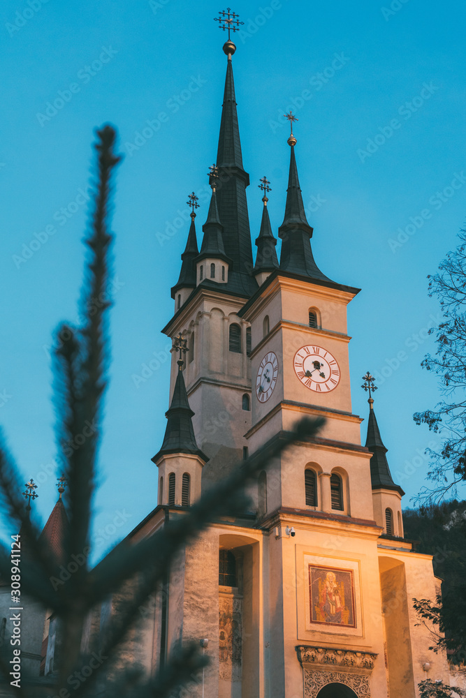 Saint Nicholas Church at night Brasov City, Transilvania, Romania. Biserica Sfantul Nicolae