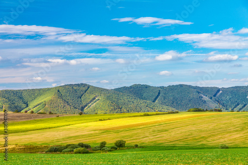 Rural landscape, fields with blue sky and clouds in the background at a sunny summer day. Rajec Valley area, Slovakia, Europe.