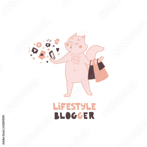 Social media influencer concept. Kawaii cat illustration