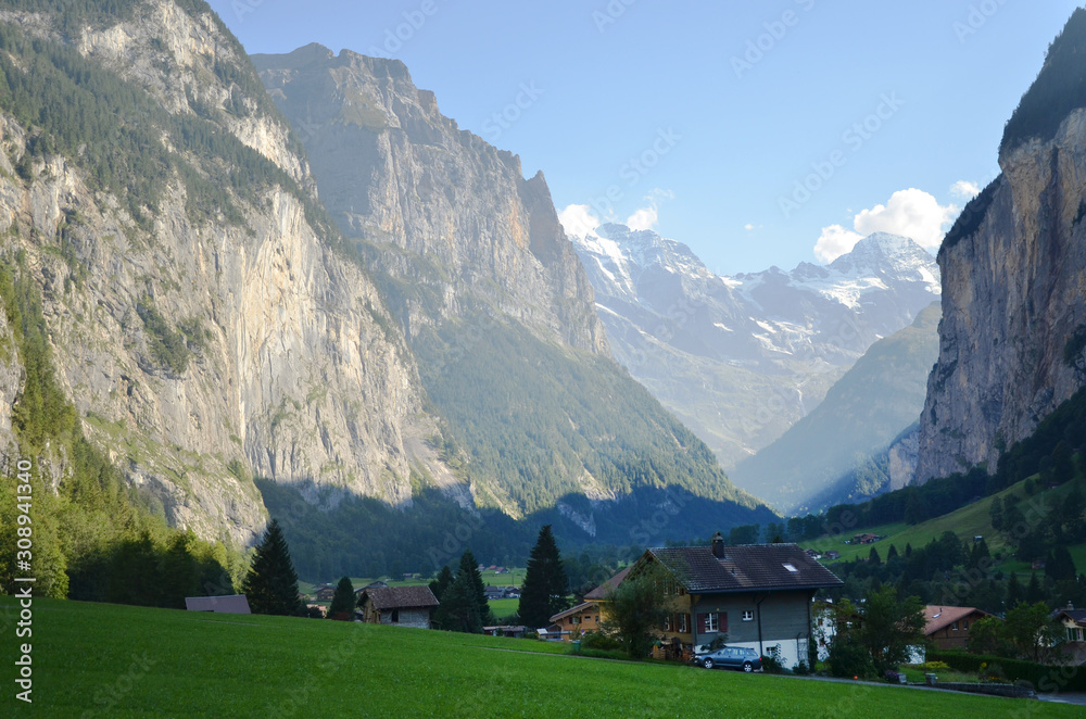 Obraz premium A breezy summer with beautiful greenery during the way to Jungfraujoch, Switzerland.