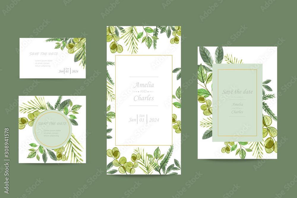 natural botanic wedding card with wild watercolor leaves. Spring and green ornament leaf concept. Vector layout decorative greeting card or invitation design background.