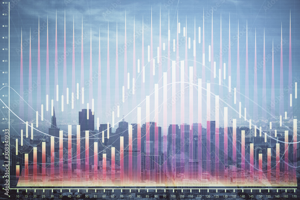 Forex graph on city view with skyscrapers background multi exposure. Financial analysis concept. Forex graph on city view with skyscrapers background multi exposure. Financial analysis concept.