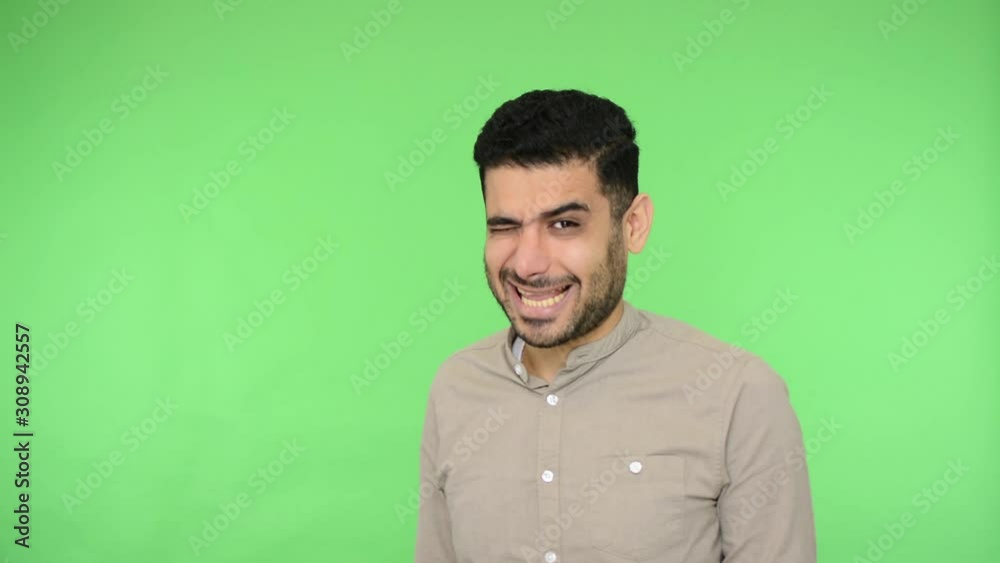 Handsome cheerful brunette man with bristle in shirt winking playfully flirting and smiling at camera, inviting for date, he knows some secret. indoor studio shot, green background, chroma key Handsome cheerful brunette man with bristle in shirt winking playfully flirting and smiling at camera, inviting for date, he knows some secret. indoor studio shot, green background, chroma key
