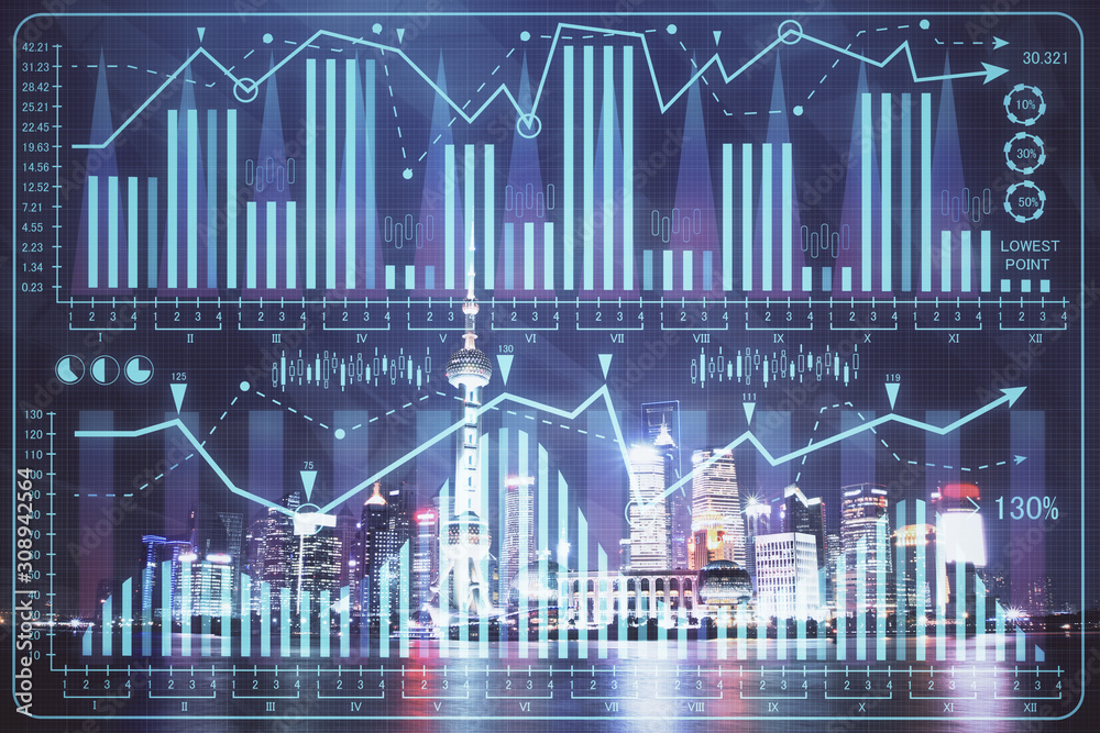 Financial graph on night city scape with tall buildings background multi exposure. Analysis concept. Financial graph on night city scape with tall buildings background multi exposure. Analysis concept.