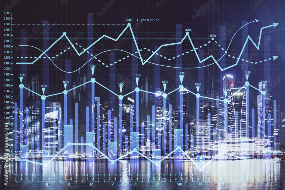 Financial chart on city scape with tall buildings background multi exposure. Analysis concept. Financial chart on city scape with tall buildings background multi exposure. Analysis concept.