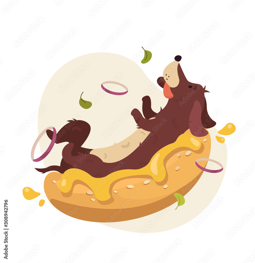 Hot Dog Cartoon Character. Dachshund puppy, being wrapped by bun roll with yellow mustard on top. Funny vector illustration isolated on white background Hot Dog Cartoon Character. Dachshund puppy, being wrapped by bun roll with yellow mustard on top. Funny vector illustration isolated on white background