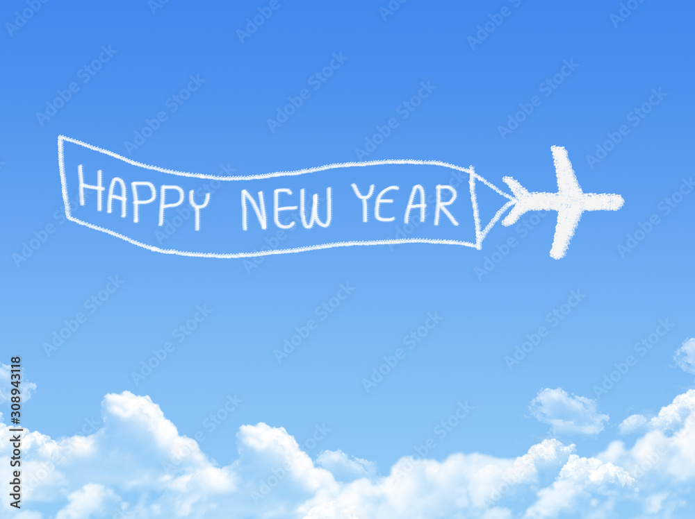 Plane on Cloud shaped ,happy new year banner stick with airplane