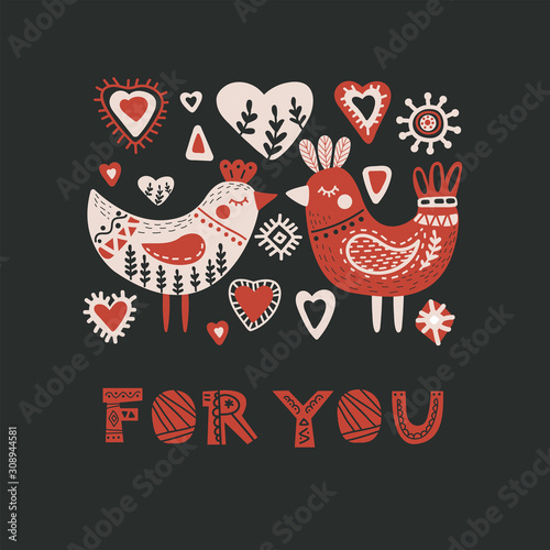 Folk art birds flat vector illustration