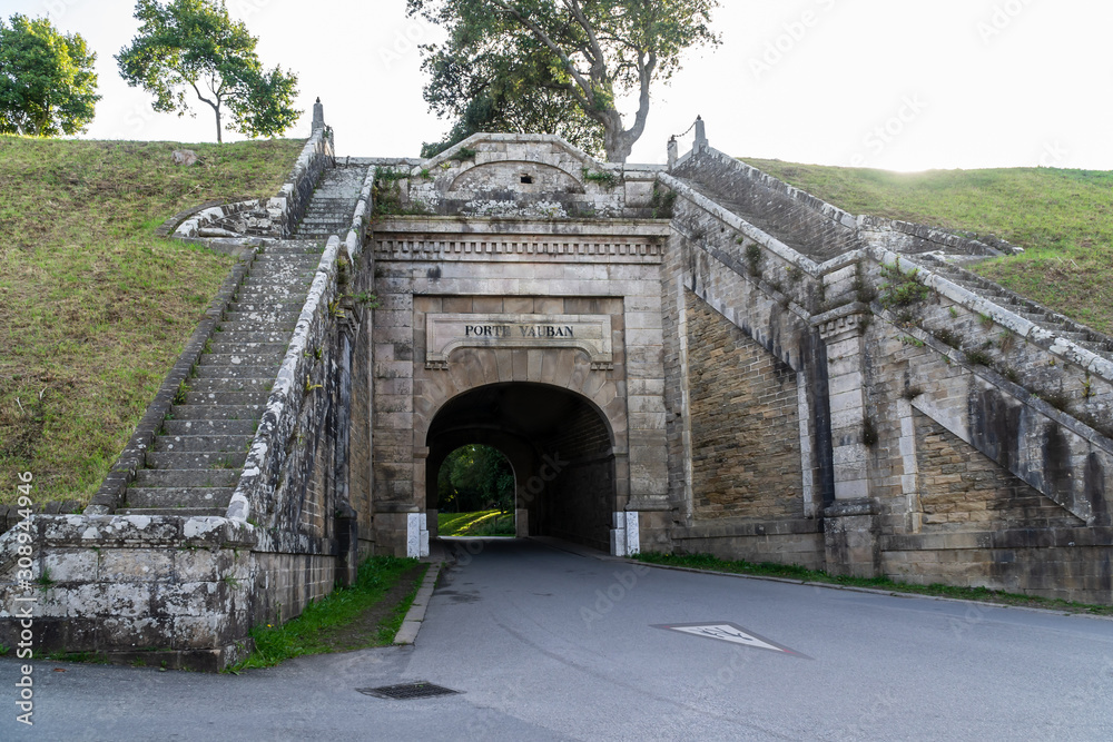 Gate in the fortifications erected by Vauban, in the city of Palais, on the island of Belle Isle, in Brittany. Inscription Vauban Gate. Gate in the fortifications erected by Vauban, in the city of Palais, on the island of Belle Isle, in Brittany. Inscription Vauban Gate.