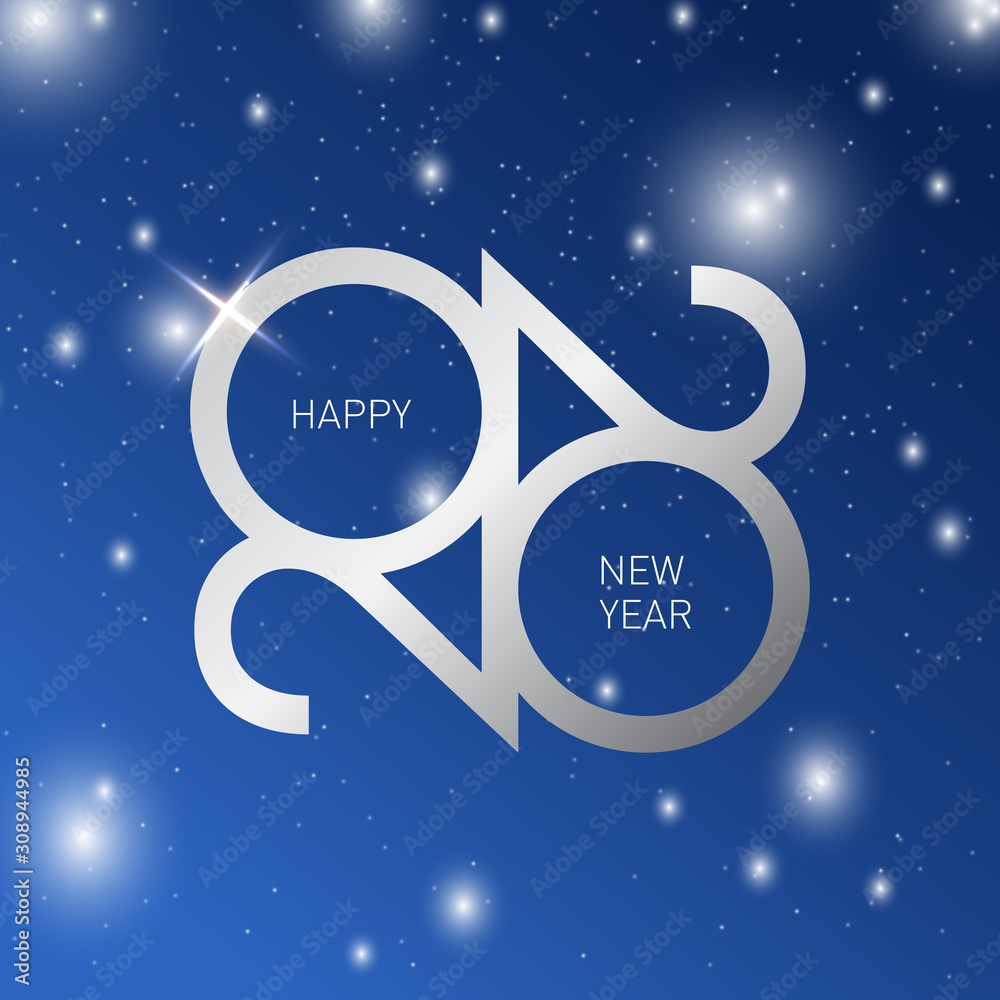 2020 new year logo. Silver text: Happy new year! Party card, flyer, invitation, cover, banner and snow isolated on white background. Poster with vector logotype, symbol, sign 2020, snowfall 2020 new year logo. Silver text: Happy new year! Party card, flyer, invitation, cover, banner and snow isolated on white background. Poster with vector logotype, symbol, sign 2020, snowfall