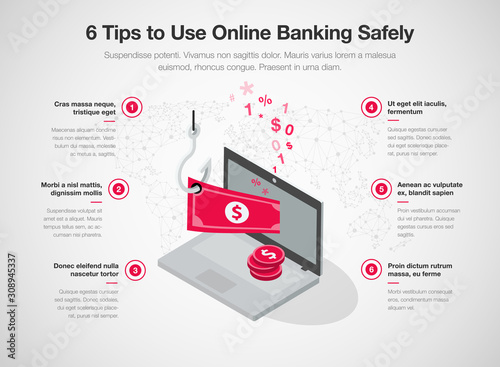 Infographic for 6 tips to use online banking safely with laptop, red banknote and fishing hook, isolated on light background. Easy to use for your website or presentation.