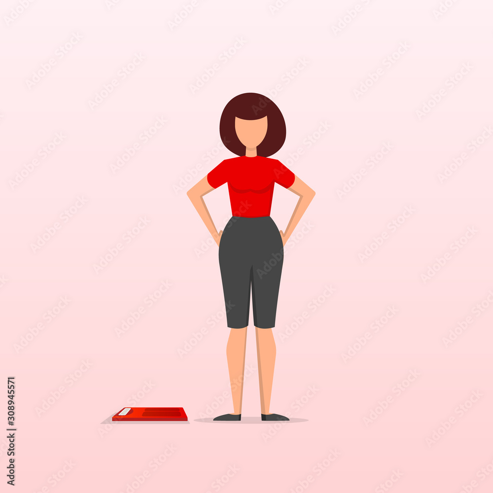 Fototapeta premium Slimming plan concept. A young girl or woman is standing next to the scales. Diet and proper nutrition