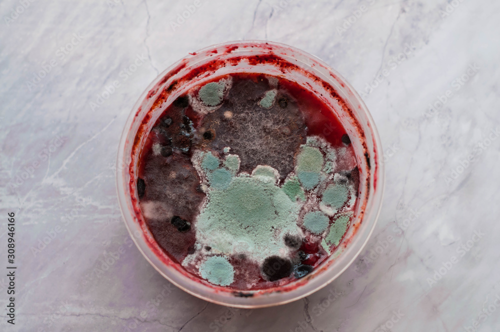 top view of red spoiled moldy smoothie in plastik bowl on grey marble background with copy space