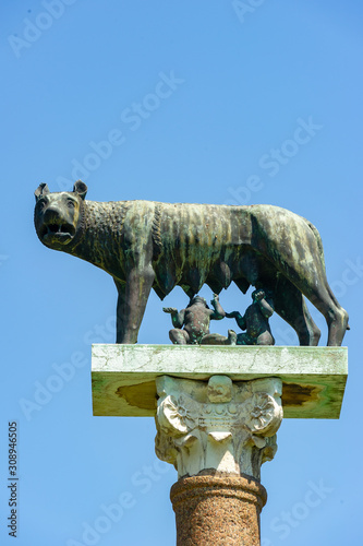 Pisa / Italy. 05.28.2015. Romulo and Remo breastfed by Luperca, the wolf that according to Roman mythology breastfed the founders of Rome