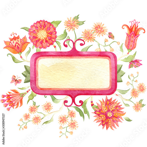 Festive composition of watercolor paradise flowers and ornate frame. Fairytale folk hand painted illustration. Isolated on white.