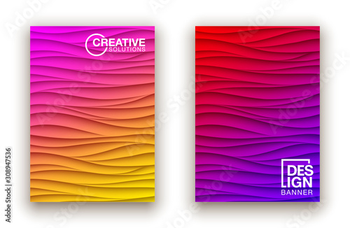 Minimal fluid covers design wall panel. Halftone colorful realistic 3d relief wave design. Future liquid modern interior gypsum stucco relievo patterns. Eps10 vector background set.