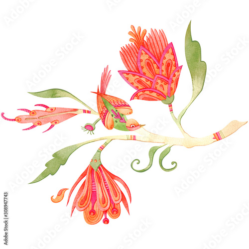 Beautiful composition of watercolor paradise flowers and cute bird. Fairytale folk hand painted illustration. Isolated on white.
