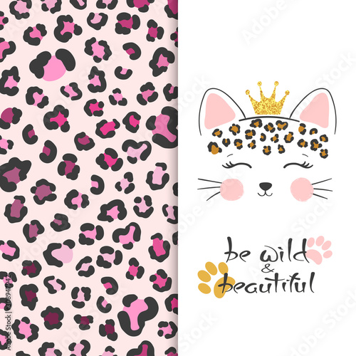 Little cute leopard head vector illustration with leopard print. T-shirt design for kids.