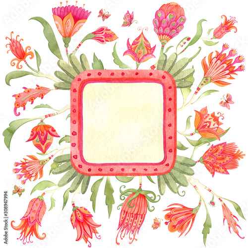 Festive composition of watercolor paradise flowers and ornate frame. Fairytale folk hand painted illustration. Isolated on white.