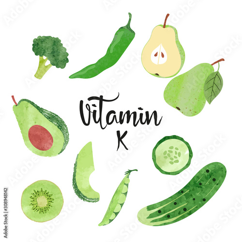Green vegetables and fruits. Vector illustration of Vitamin K rich foods.