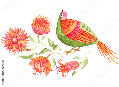 Beautiful composition of watercolor paradise flowers and cute bird. Fairytale folk hand painted illustration. Isolated on white.