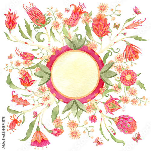 Festive composition of watercolor paradise flowers and ornate frame. Fairytale folk hand painted illustration. Isolated on white.