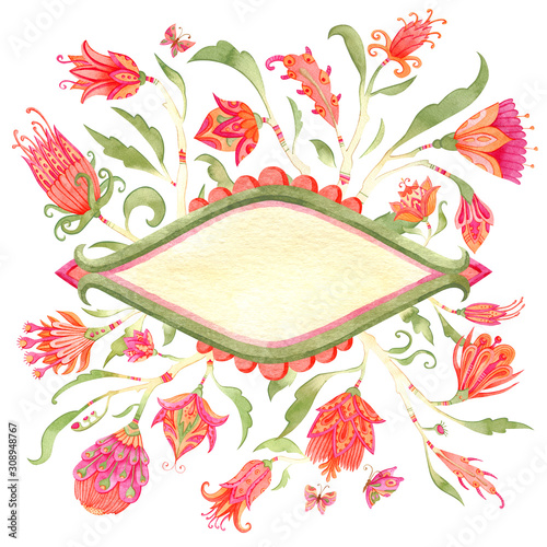 Festive composition of watercolor paradise flowers and ornate frame. Fairytale folk hand painted illustration. Isolated on white.