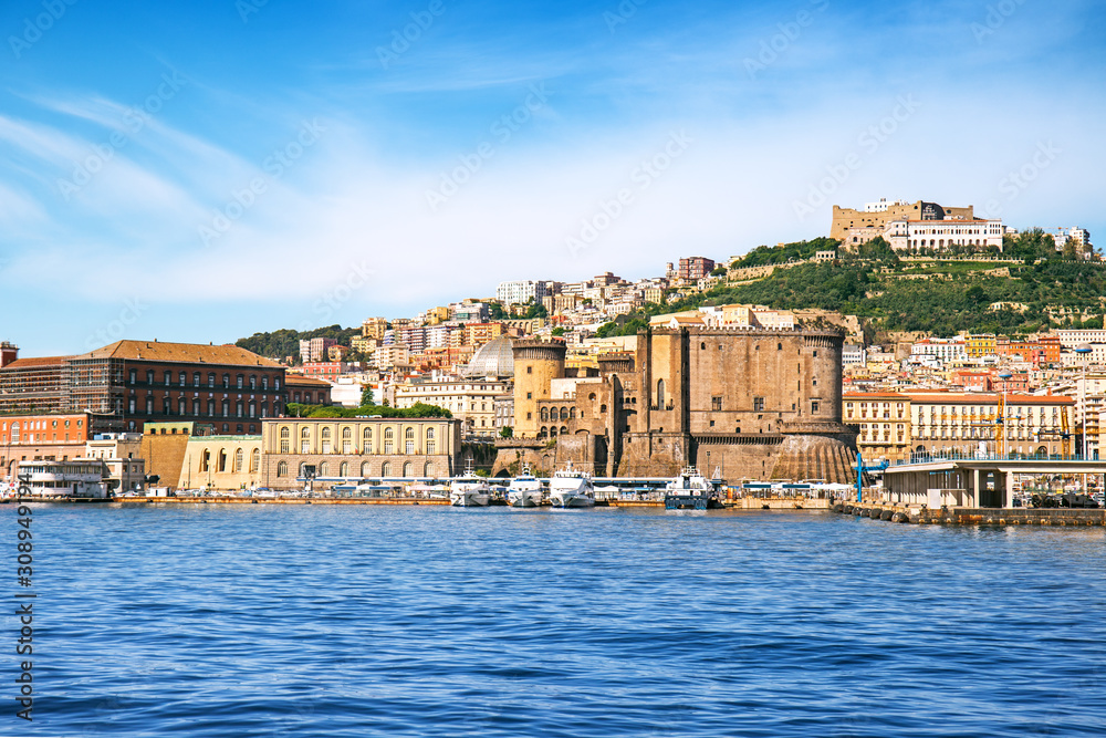 View of Naples with forts from the sea, Italy
