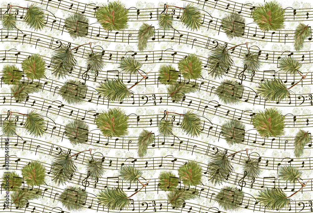 Fototapeta premium Seamless background with notes, fir branches festive New Year