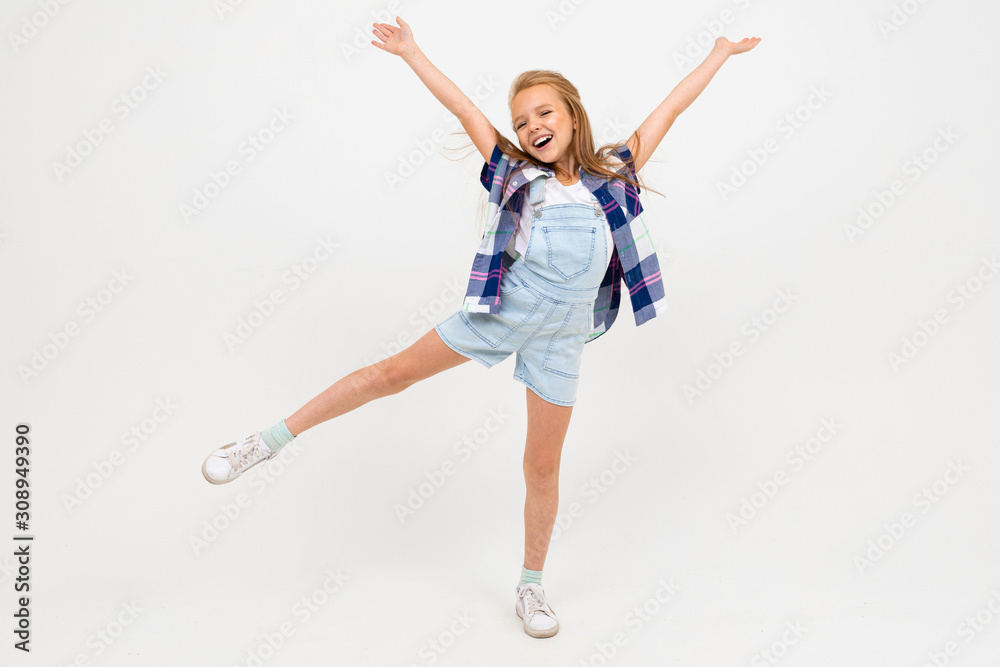 portrait of happy european girl waving hands on white background