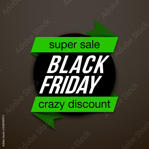 Sticker for mega-sale "Black Friday". Black Friday discount poster. Annual Christmas sales season. Big discounts in retail and online stores (up to 50%). Friday, November 29, 2019