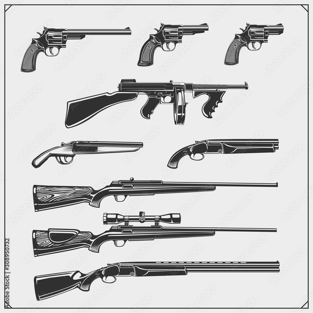 Collection of Guns. Revolvers, hunting rifles, machine guns, shotguns. Vector monochrome illustration.