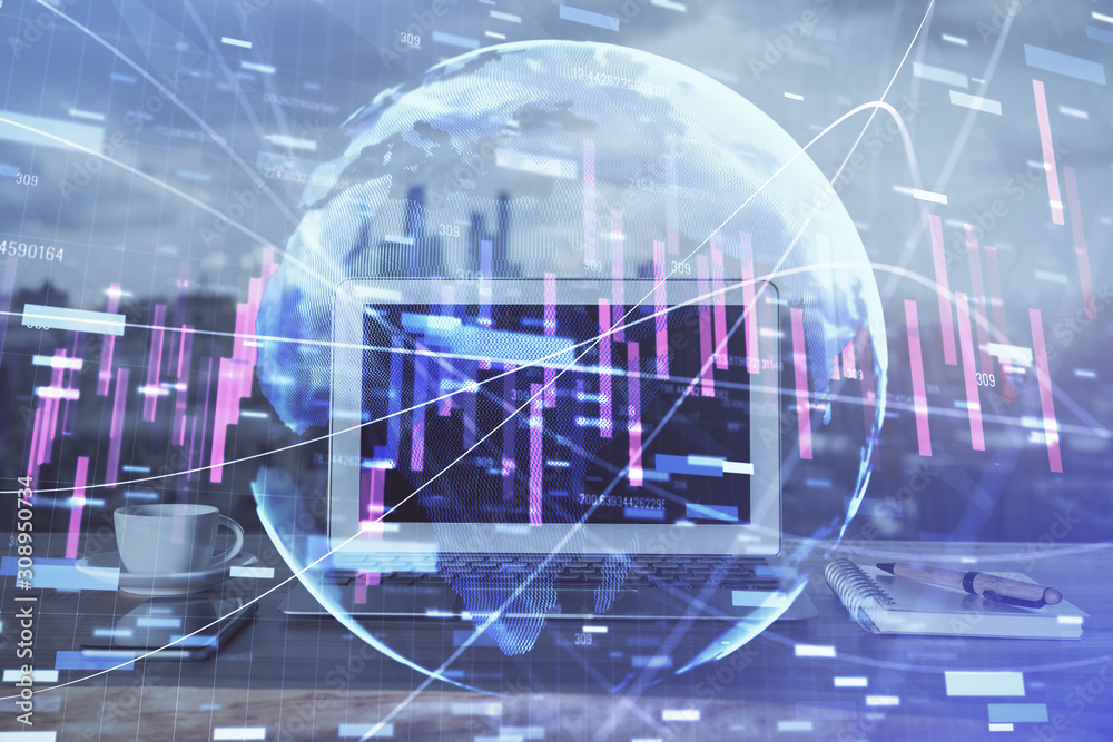 Forex market chart hologram and personal computer background. Double exposure. Concept of investment. Forex market chart hologram and personal computer background. Double exposure. Concept of investment.