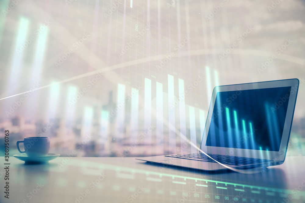 Forex graph hologram on table with computer background. Multi exposure. Concept of financial markets. Forex graph hologram on table with computer background. Multi exposure. Concept of financial markets.
