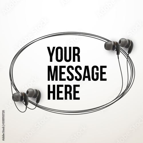 Innovative vector music quotation template in headphones quotes on the White backdrop. Creative vector banner illustration with quote in a frame with Black quotes. Template modern headset design.