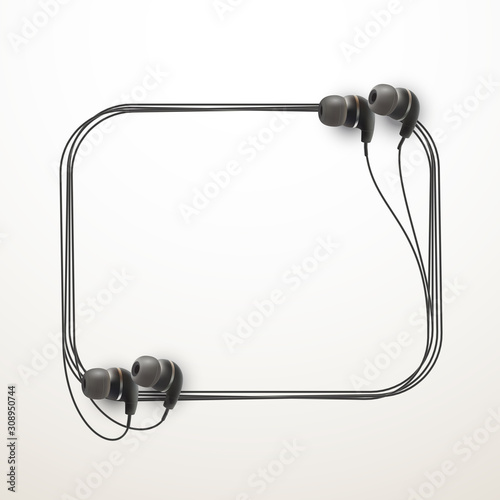 Innovative music quotation template in headphones quotes isolated on backdrop. Creative banner illustration with quote in a frame wire with Black quotes. speech bubble Template modern headset design.